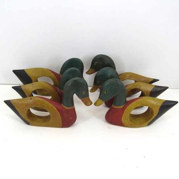 Vintage Mallard Duck Hand Painted Napkin Rings Set of 6 One Repaired Read - Picture 1 of 6